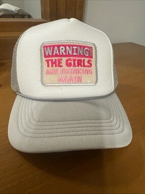 White and Grey/Cream Trucker Hat with Pink Warning Patch